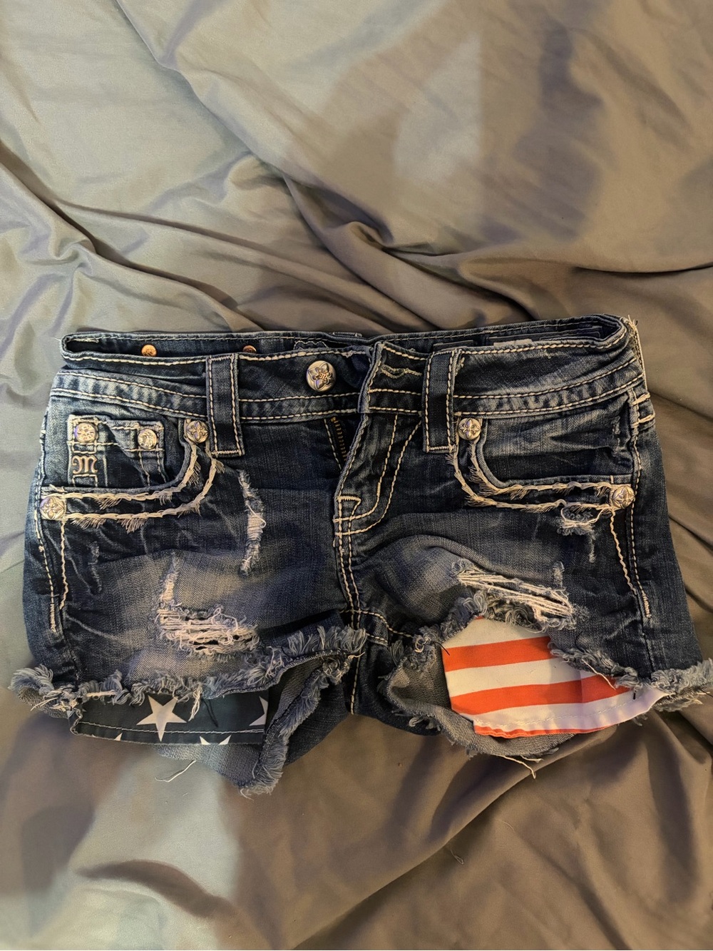 Miss Me Dark Blue Distressed Denim Shorts with Flag Accent